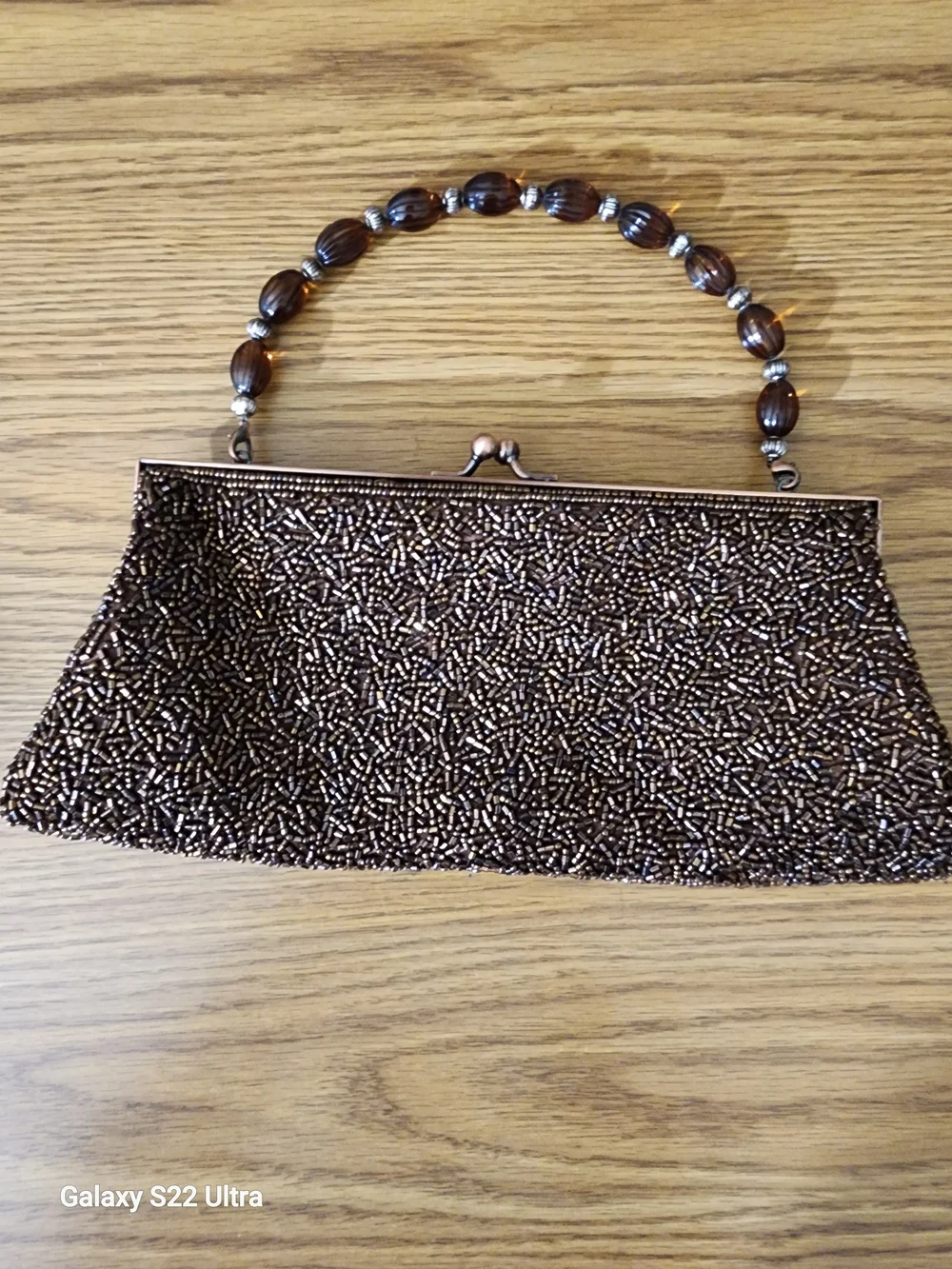 Beaded Brown Evening Clutch with Bead-Handle Accent